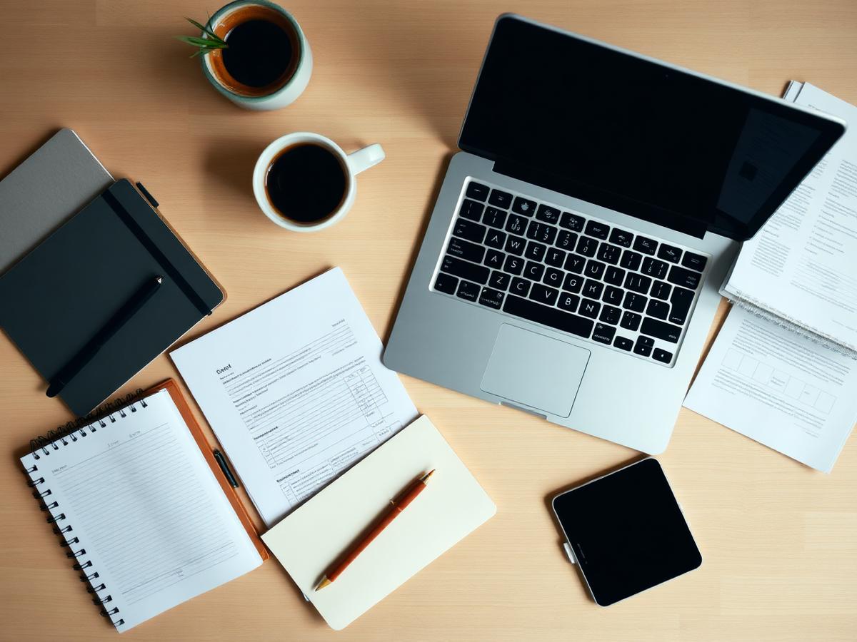 Organised desk with laptop, paperwork and notebooks